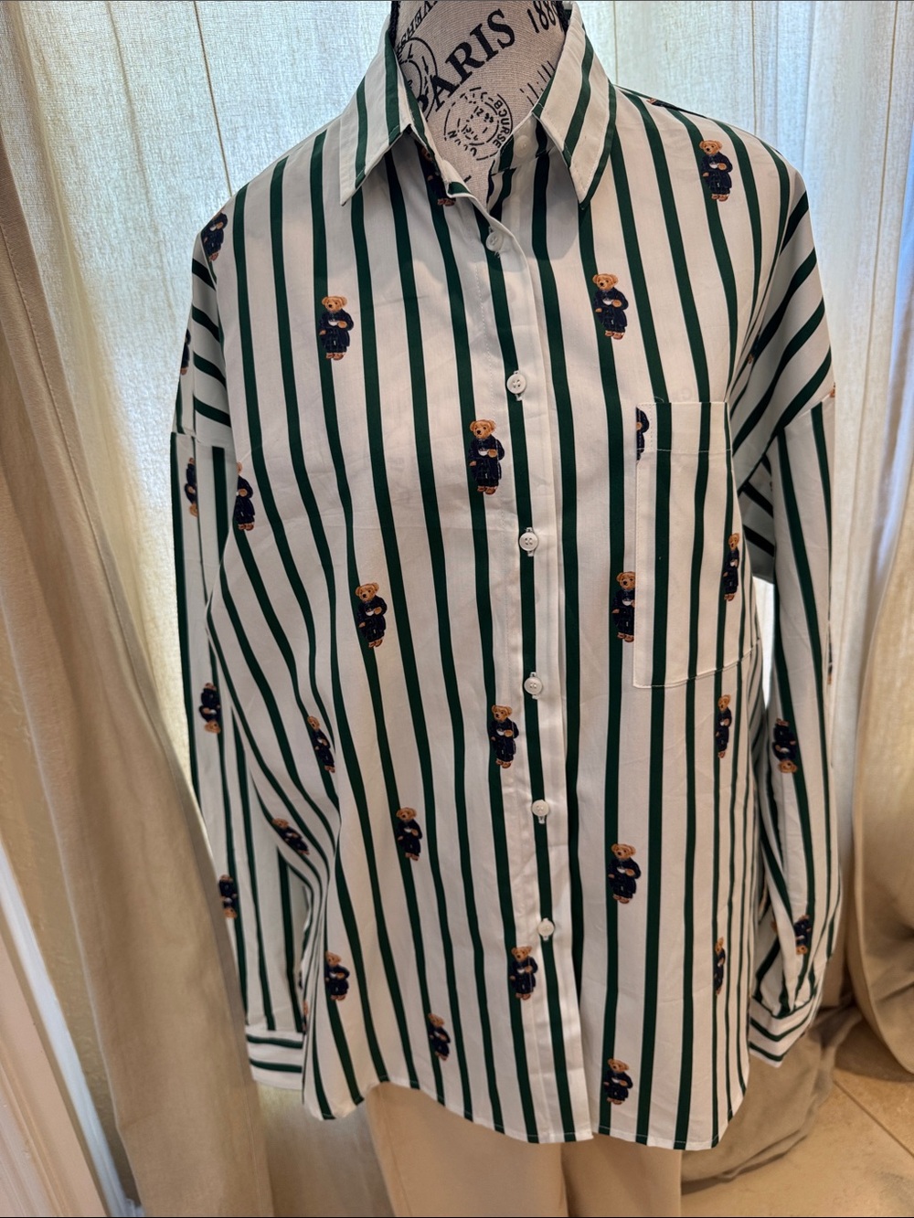 Ralph Lauren White Shirt with Green Stripes and Bear Embroidery